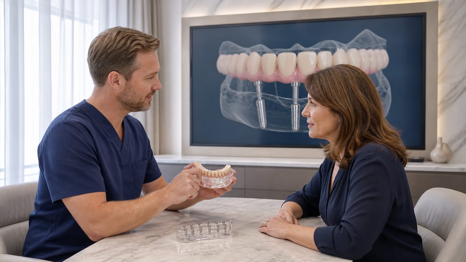 Clinician discussing full arch implant planning in a private consultation room