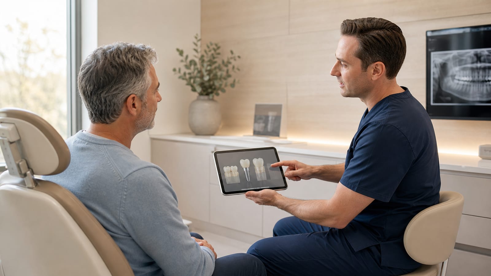 Clinician explaining dental implant options to a patient in a private consultation room