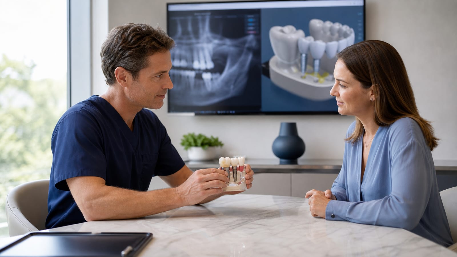 Patient and clinician discussing full arch implant options